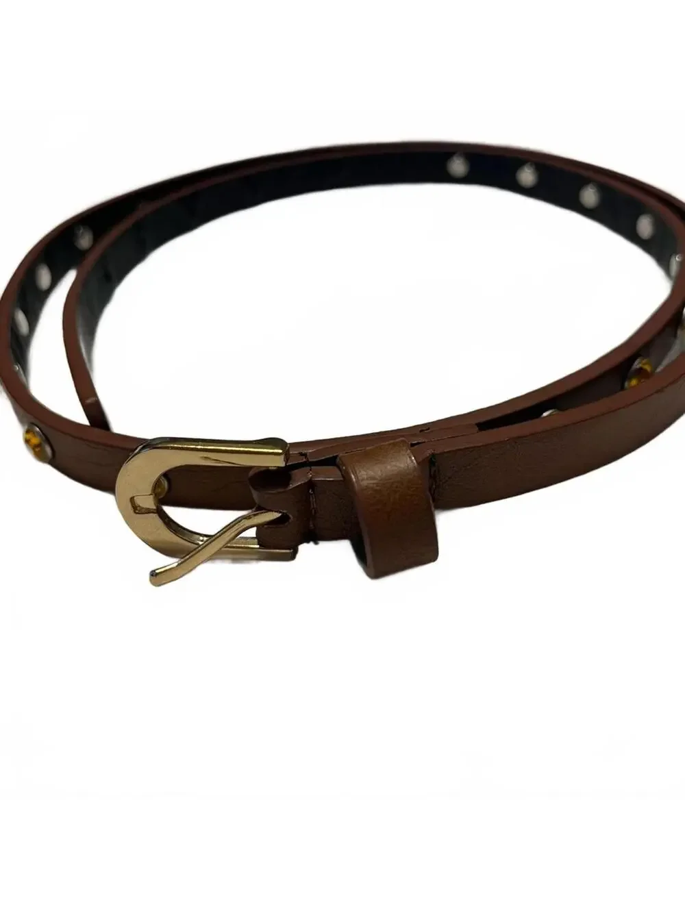 Brown Belt Stone Details Gold Buckle Women’s Statement Belt Western Boho Accent